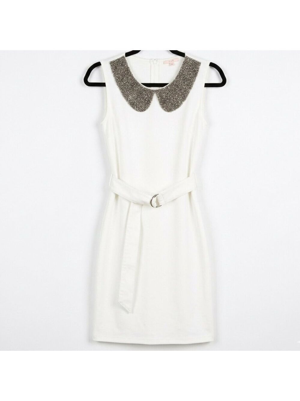 *White Beaded Peter Pan Collar Mini Dress Belted Sheath Sleeveless Small